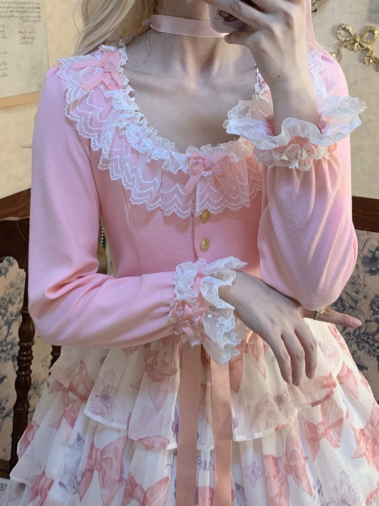 Cropped Pink Cardigan Triple with Edging Lace Bow-Detailed Cute Design