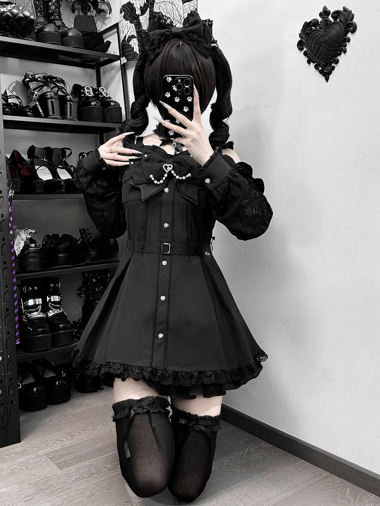 Dress Set Choker Jirai Cutout Bow Bowtie Bead Lace Chain Shorts Shoulder + Long-Sleeve Black Kei