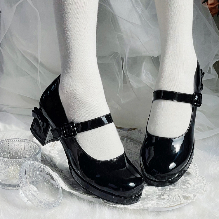 Black Bowknot Buckle Strap Block Heel Lolita Mary Janes