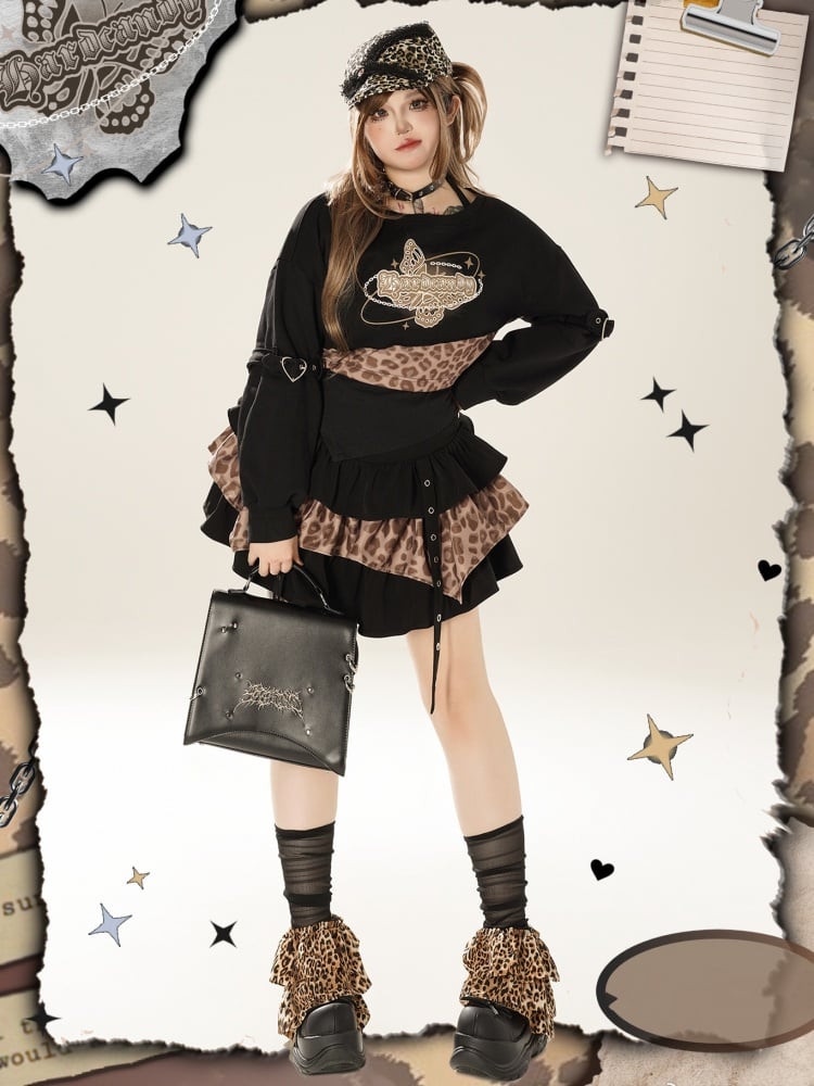 Kurzes Sweatshirt und Neckholder-Top in Schwarz und Braun mit Leopardenmuster in Übergröße