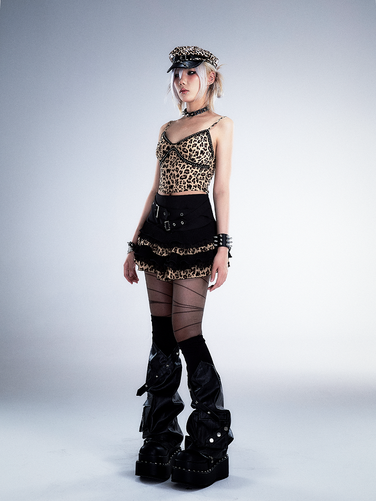 Crisscross Waist Belt Black Leopard Punk Lace Tiered Mini Skirt With