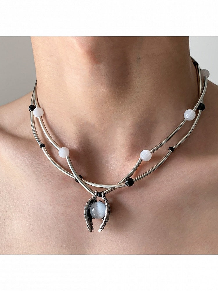 Silver Layered Necklace with Bead Decoration - YSHXS