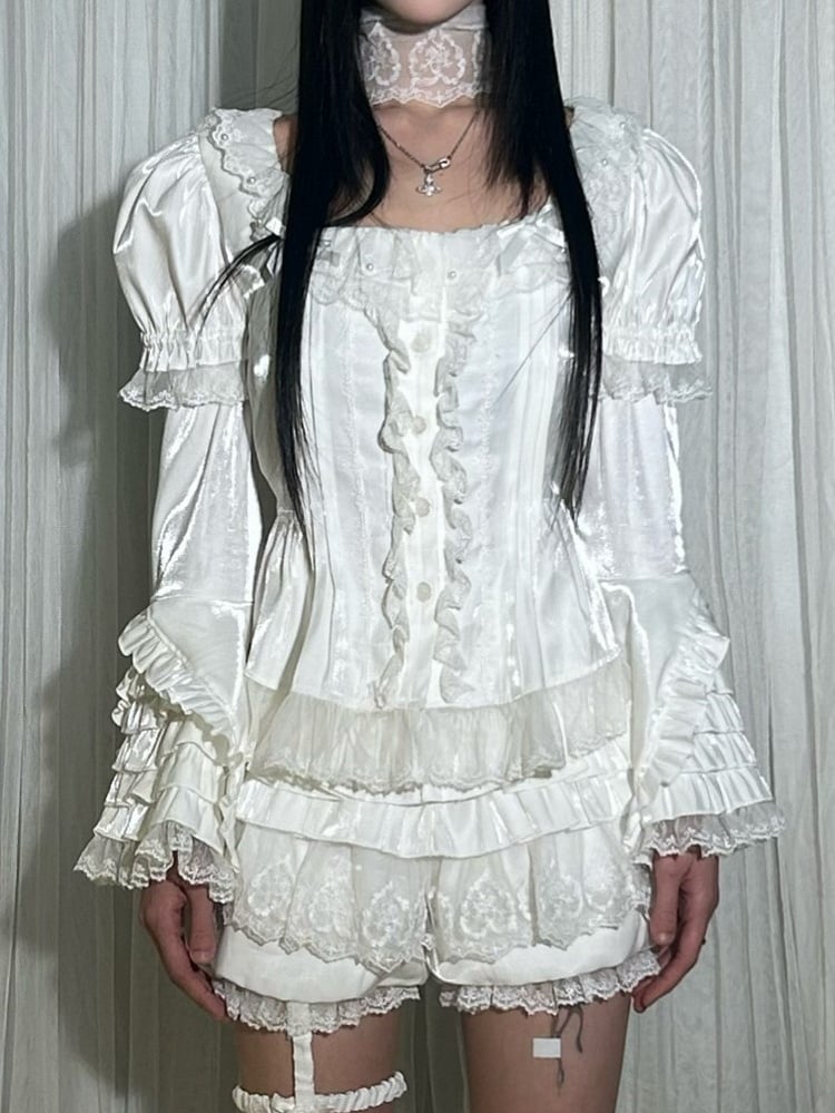 Cuff Detachable Tiered Six-Layer Lace Ruffles with Sleeves White Bell Trimmed Elastic