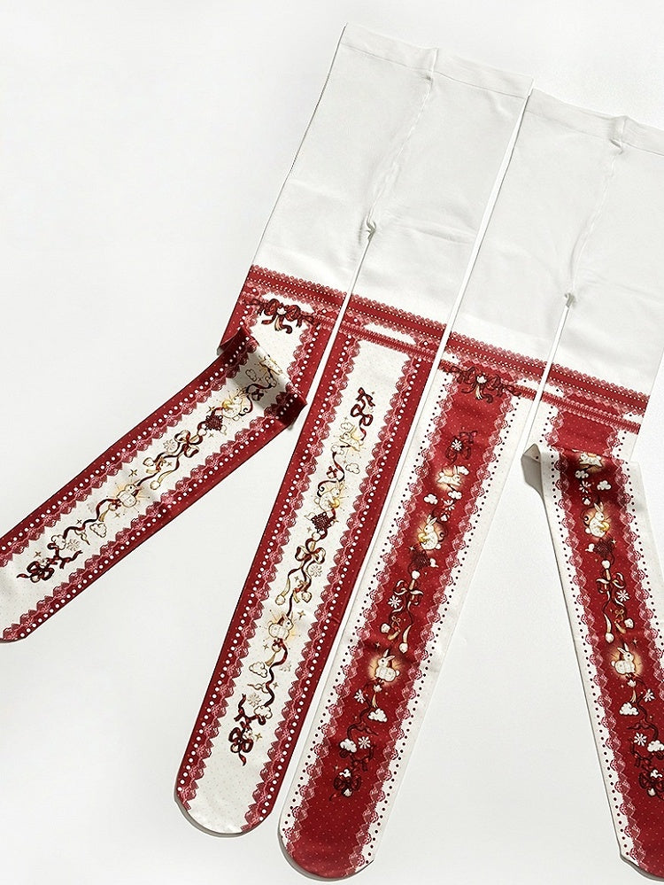 Lolita White/Red Print Lantern Bunny Tights