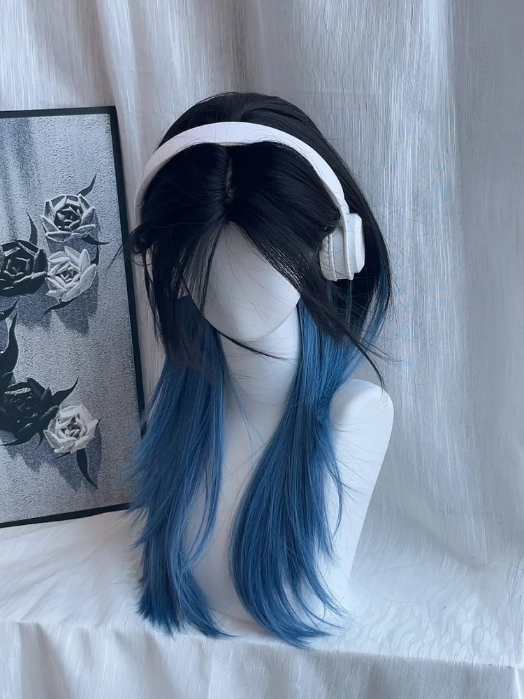 with Wig Curtain Bangs Blue Style Ombre Black Straight 65CM Ouji
