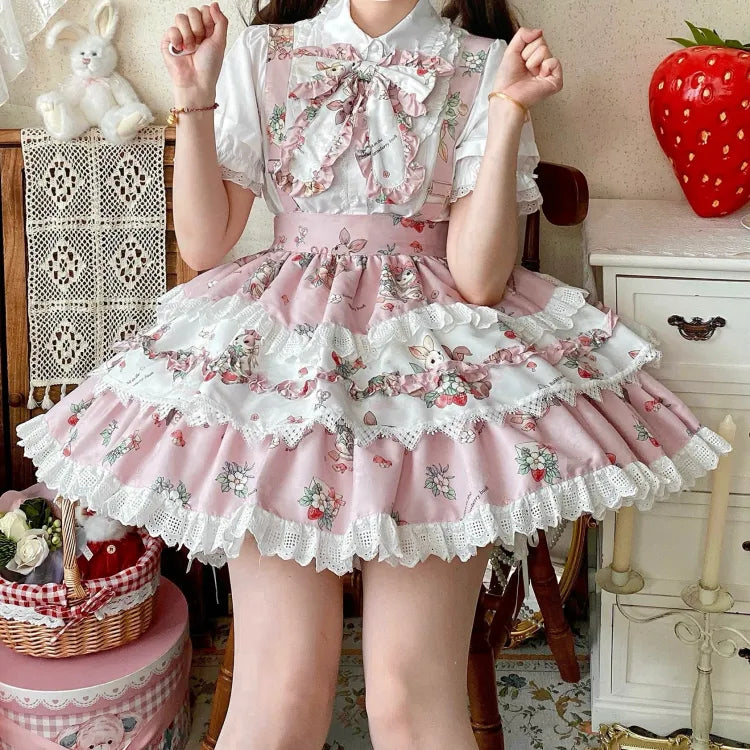 Skirt Sweet Overall Bunny Print Lolita Pink