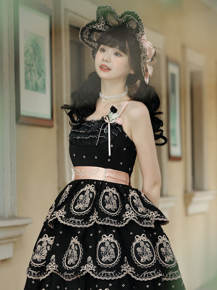 Stickerei Kleid Rock Lolita Elegante gewellte abgestufte Tulpenkante Rückenfrei und Schwarz Gold