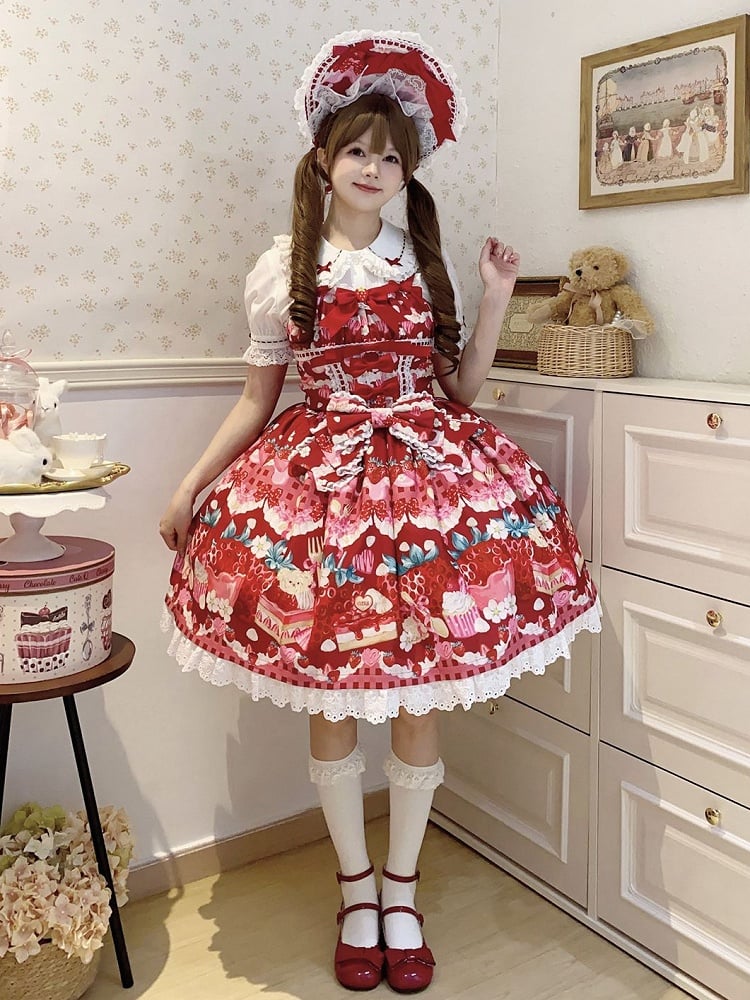Lolita Dessertkleid mit süßem Erdbeer-Print in Rot