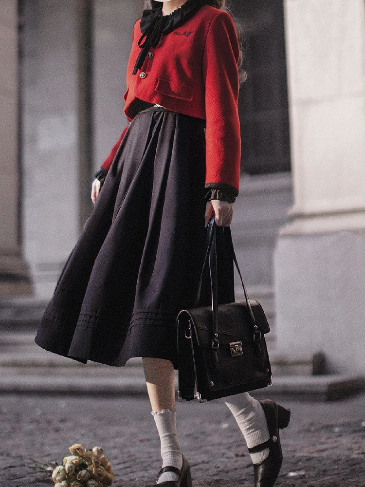 Ruffle Neckline Black Vintage Bishop Sleeves Dress