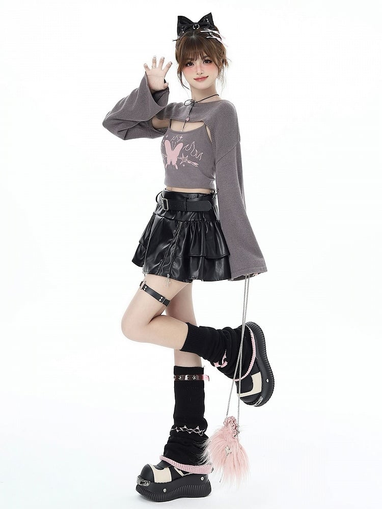 Gray Knit Bolero with Butterfly Print Camisole Ensemble - CRAZY GIRL