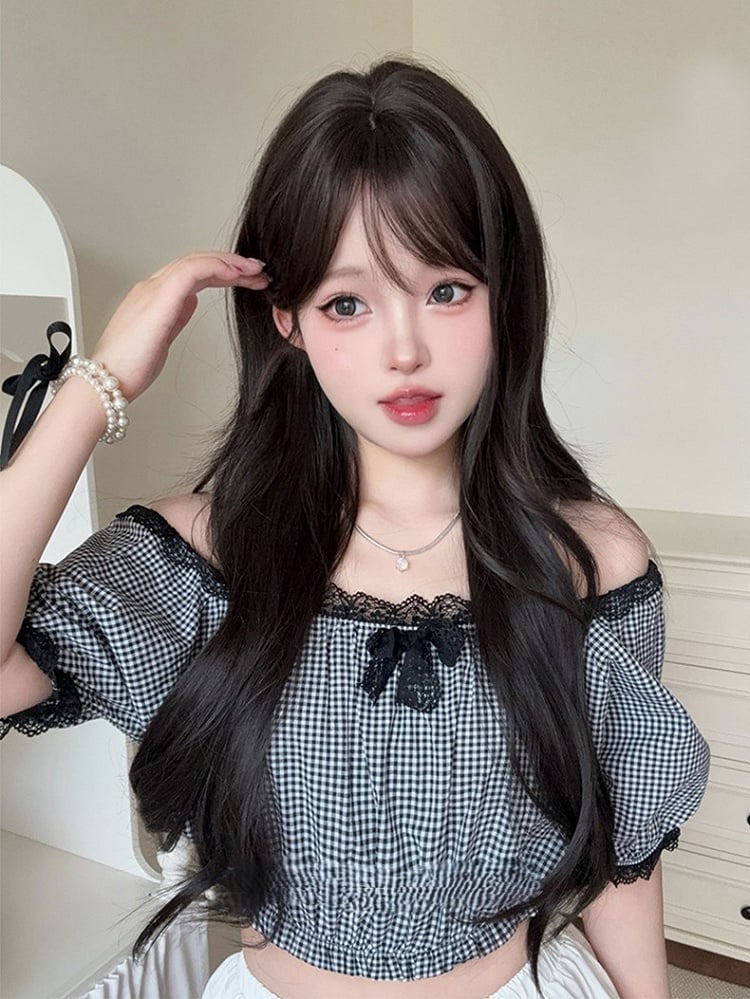 Black With Curtain 73CM Tea Wig Wavy Bangs Length