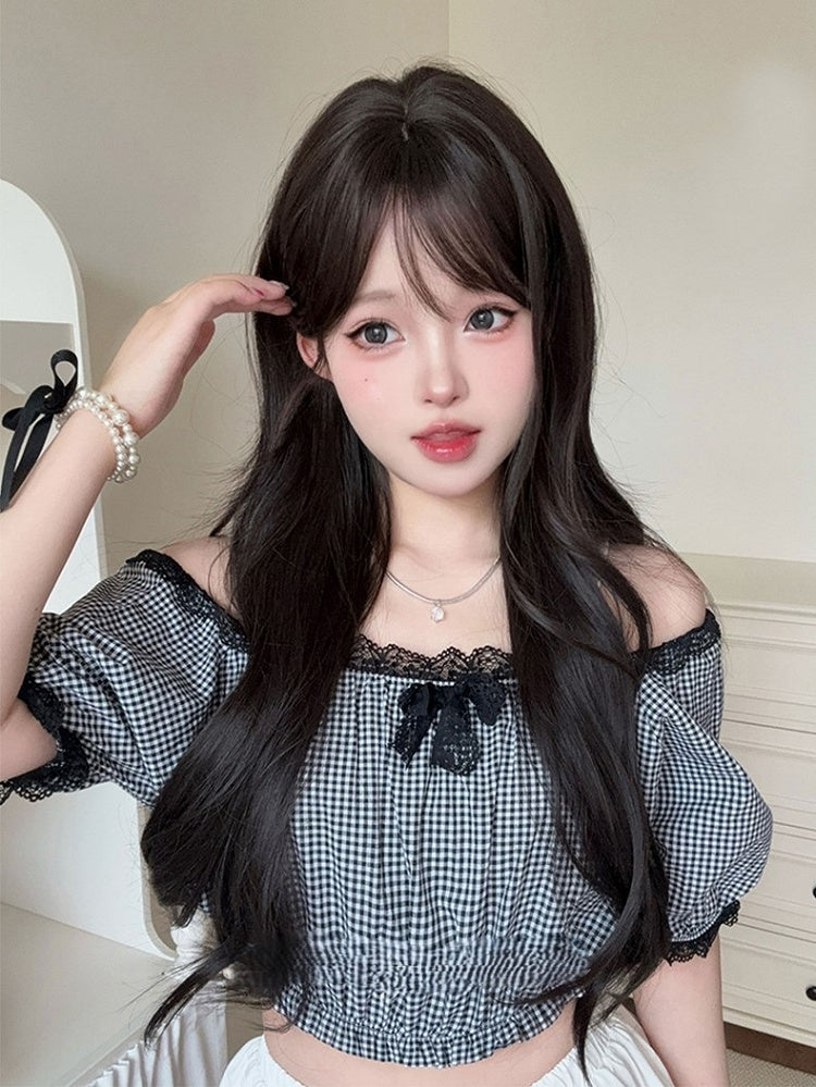 Curtain Length With Wavy Tea Black Wig Bangs 73CM