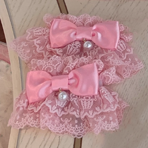 Wrist Pink Layered Cuffs Lace Deep Bead Accent with Bow