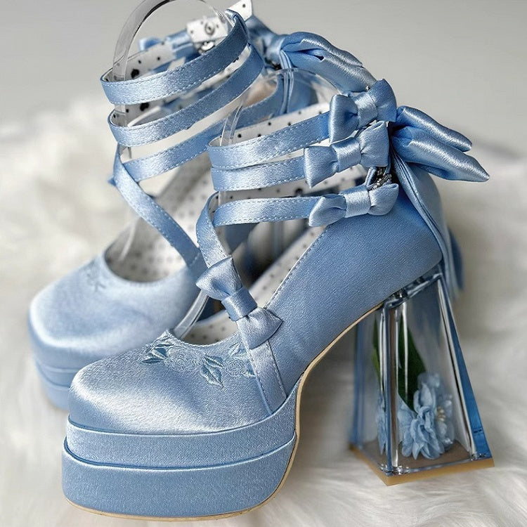 ブルーのカメリアフラワーハイブロックヒールエレガントなプラットフォームハイヒール
