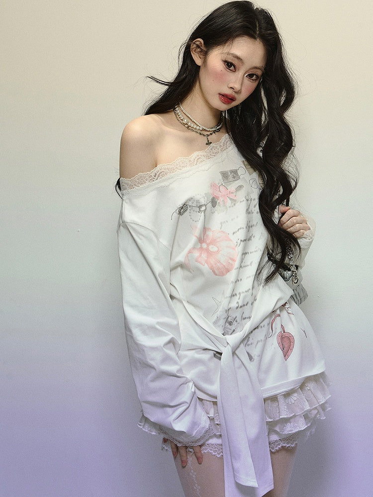 White Asymmetrical Neckline Printed Top with Tie Detail