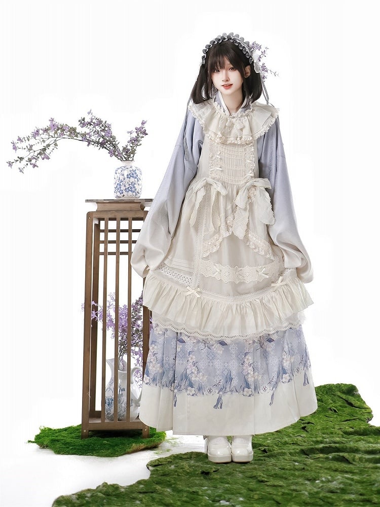 Cross-Collar Skirt Set Apron + Ruffled Top Print Trimmed Floral Purple White Lace Lolita Beige