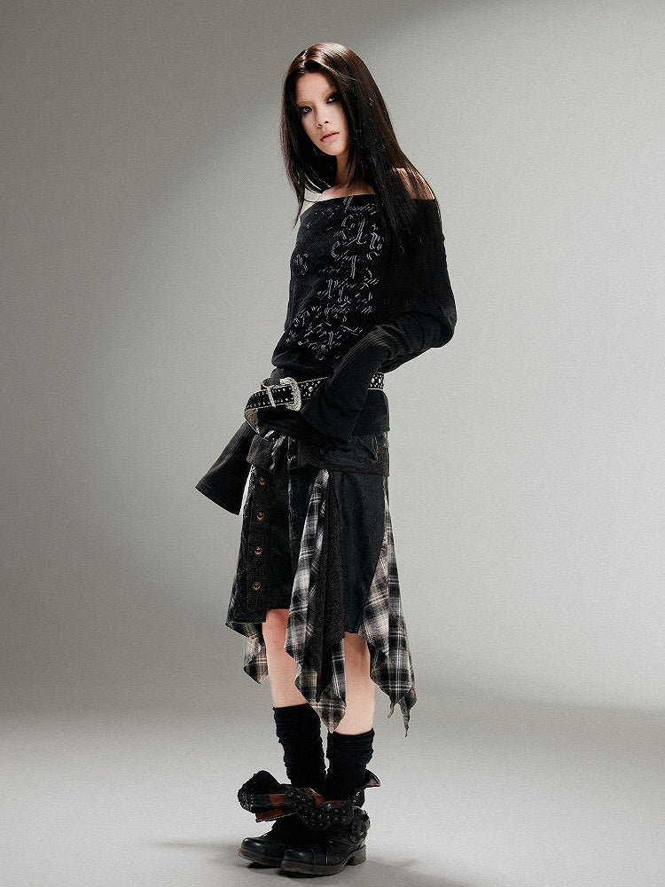 Vintage Print Totem Knit Off-Shoulder Punk Black Top Loose Fit