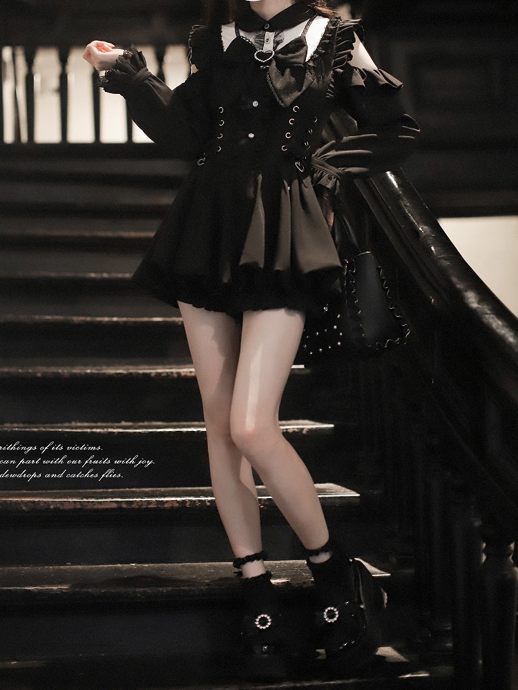 Bubble Jirai with Shoulder Dress - Long Waist Sleeve Lace-Up Cutout Kei Black