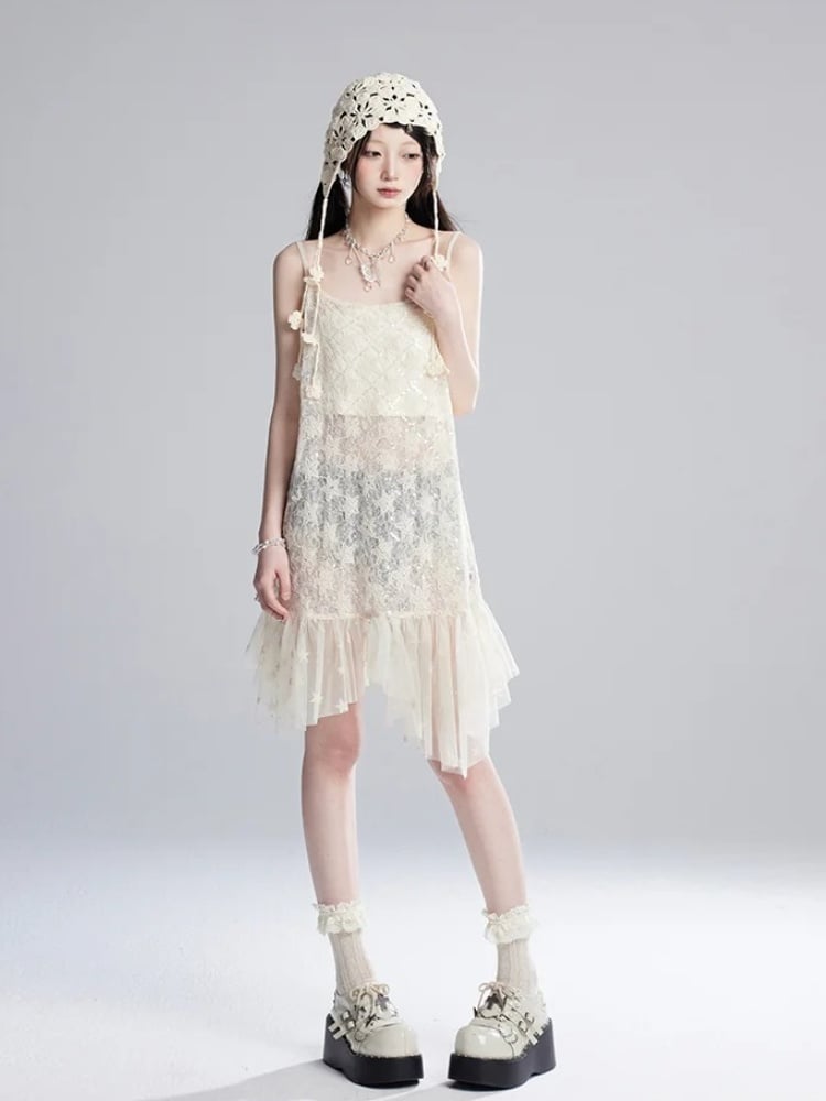 ストラップレスヘムクロップド丈スパンコールメッシュスリップドレス/アプリコットアプリコットセミシースルートップスター柄アシンメトリー