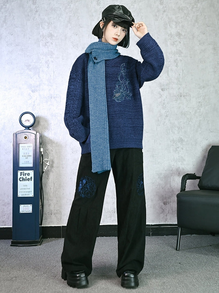 with Goldfish Pants Wide-leg Embroidery Black Gothic