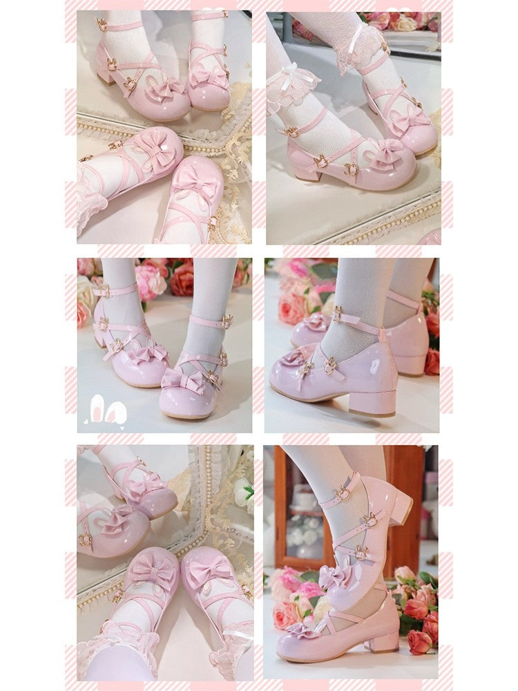 Sweet Toe Leather for with Lolita Round - PU Pink Mary Bow Janes Low-heel