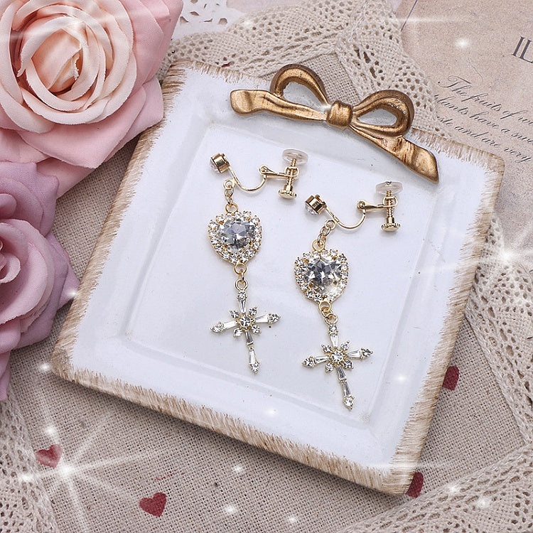 Earrings Jirai Options 4 Kei Heart Color Rhinestone Cross