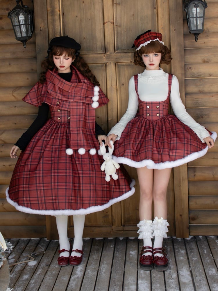 Red Plaid Pattern Under Bust Christmas Vibes Lolita Dress Boned Waist and Plush Hemline Long Version