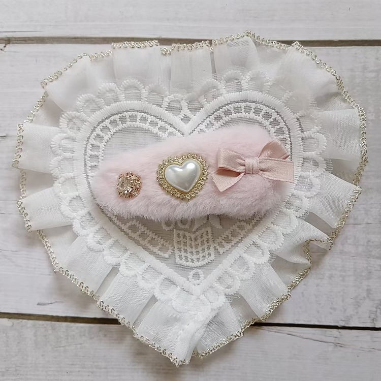 Kei Options Color Heart 5 Plush Rhinestone Hairclips Bow Jirai