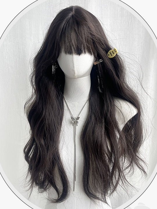 ブラックティーロングウェーブウィッグ(エアバング付き)