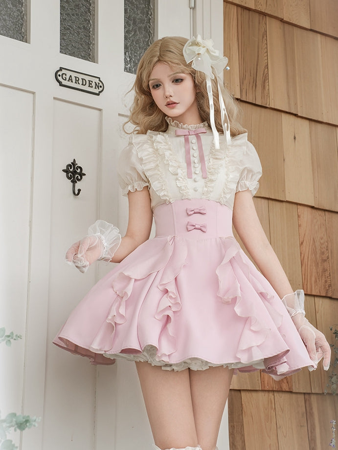 und gefälschte Bluse entbeint Stücke Design Aprikose rosa Rock Lolita Taille Kleid zwei