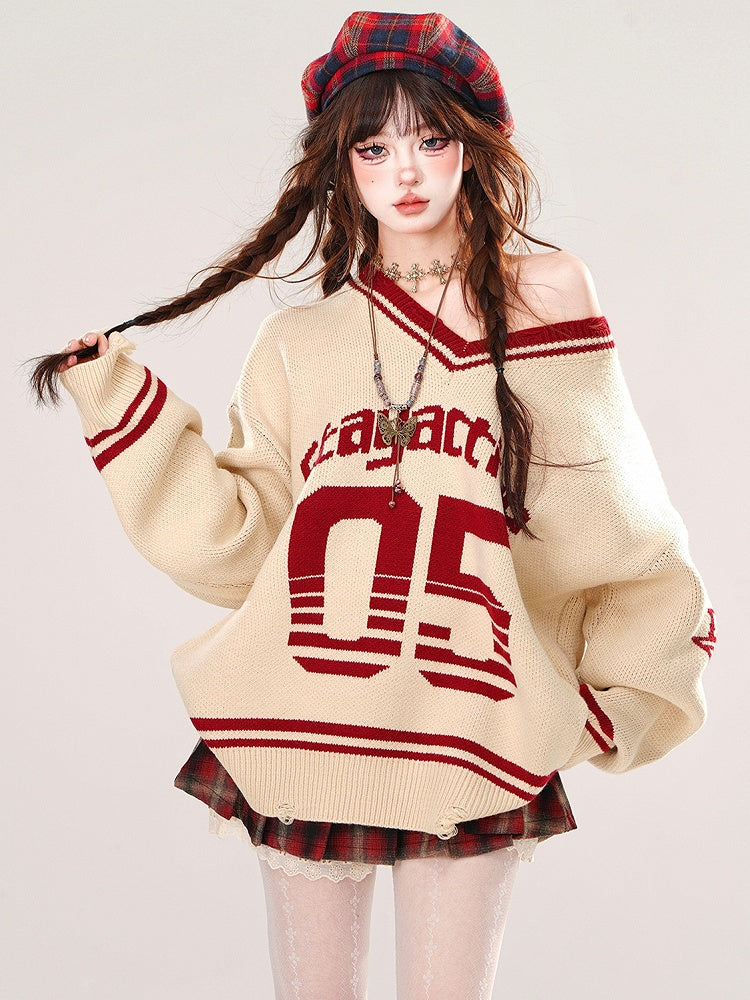Apricot Numbers Preppy Style V-neck Loose Sweater