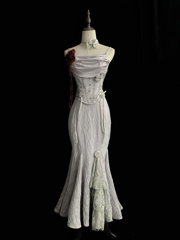 Elegant Gothic Witch Mermaid Skirt in Silver Gray Lolita Style - With PUJI