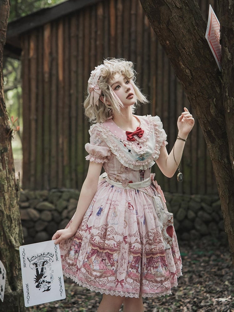 Rose Alice in Wonderland Theme Print Polka-dot Collar Sweet Gown - Forest Fairy Tales