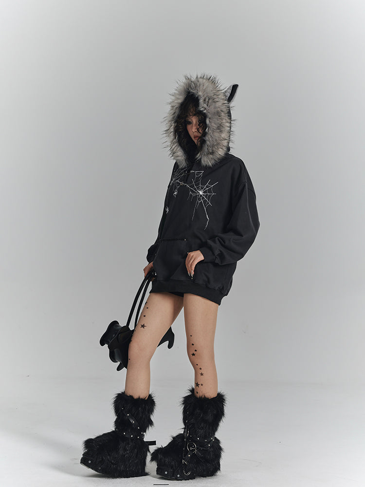 Fur Faux Trim Hoodie Cat with Ear Gray Spiderweb Punk Dark Print