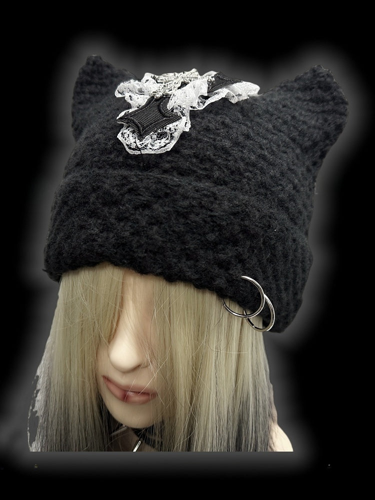 Punk Black Cat Ears Cross Patch Knit Hat