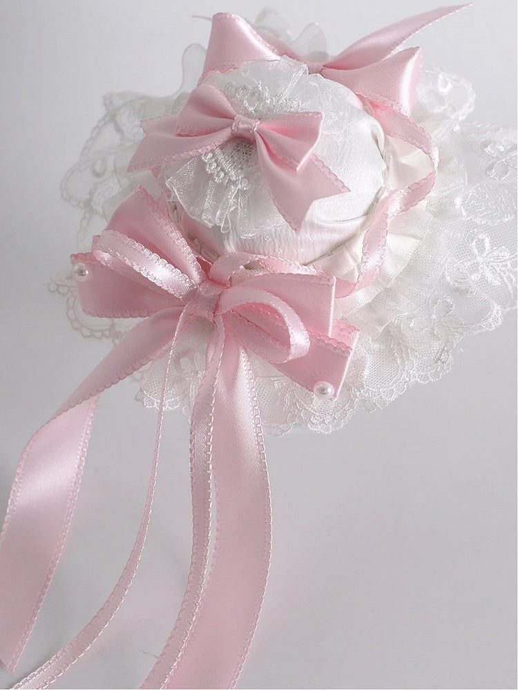 Hat White Mini Pink with Bow Pearl Lace Satin Accents