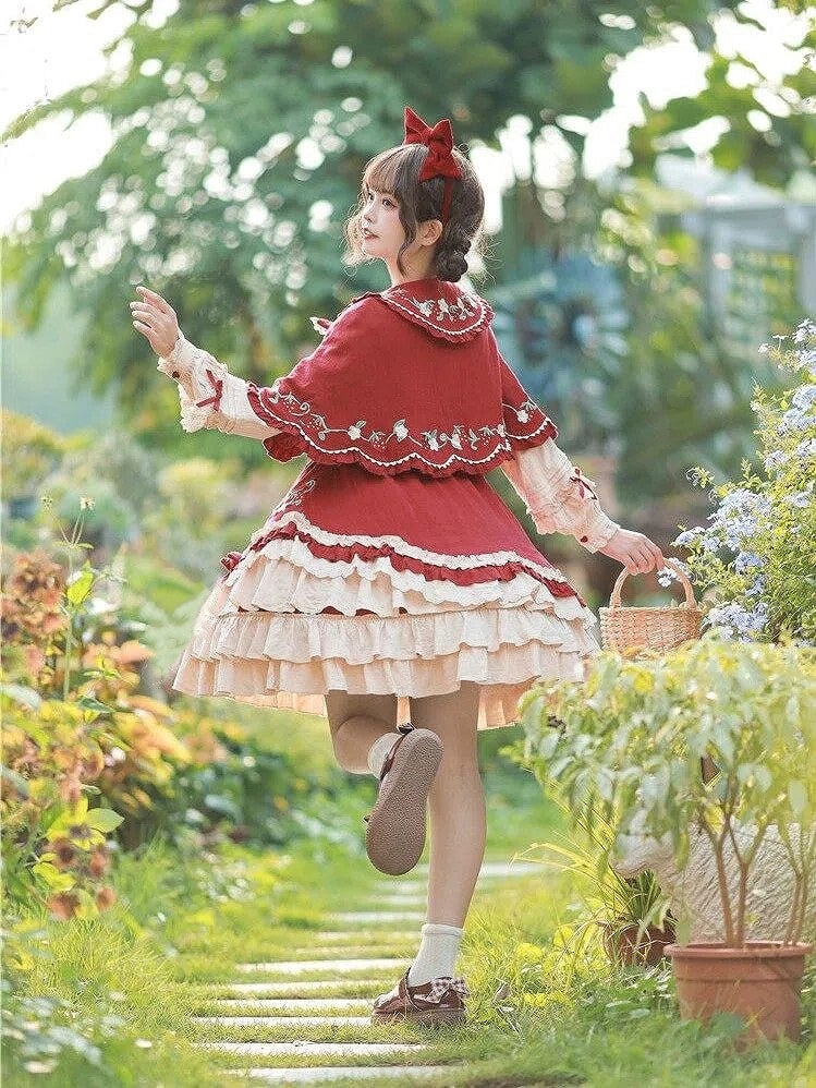 collar with Buttons Peter Sleeve Heart-shaped Country Blouse Pan Lolita and Apricot Ruffle Trim Long Cottagecre