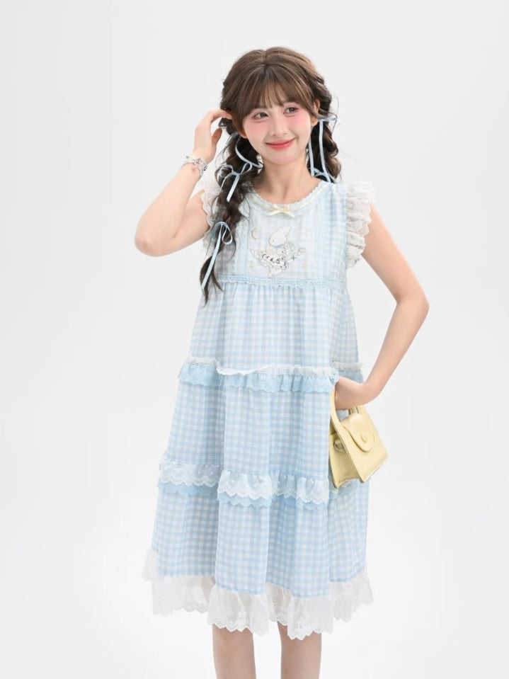 Sleeveless Dress Blue Plaid Tiered Flutter Bunny Embroidery Lace Sleeves Skirt Trim