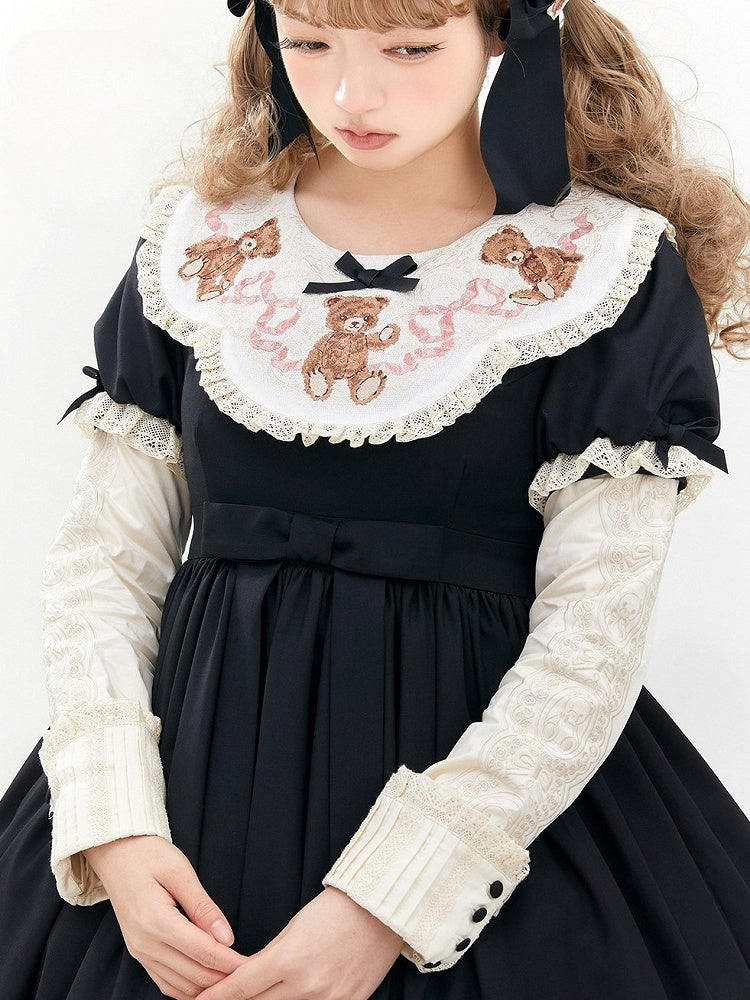 Black Neckline Embroidered Lolita Bear Lace Sweet Trim Teddy Sleeves Puff Dresswith