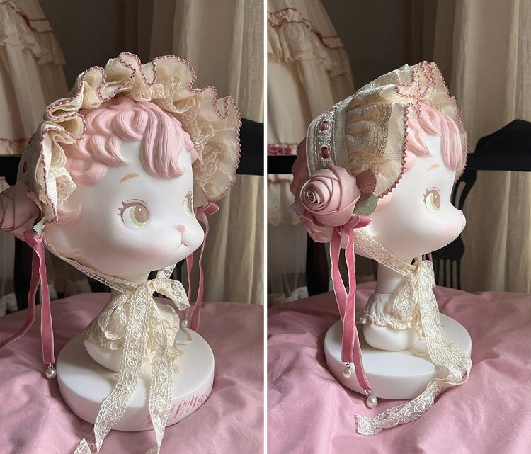 Cream & Pink Frilled Sweet Lolita Headband with Fabric Rose Decor - Bodhi Original Design