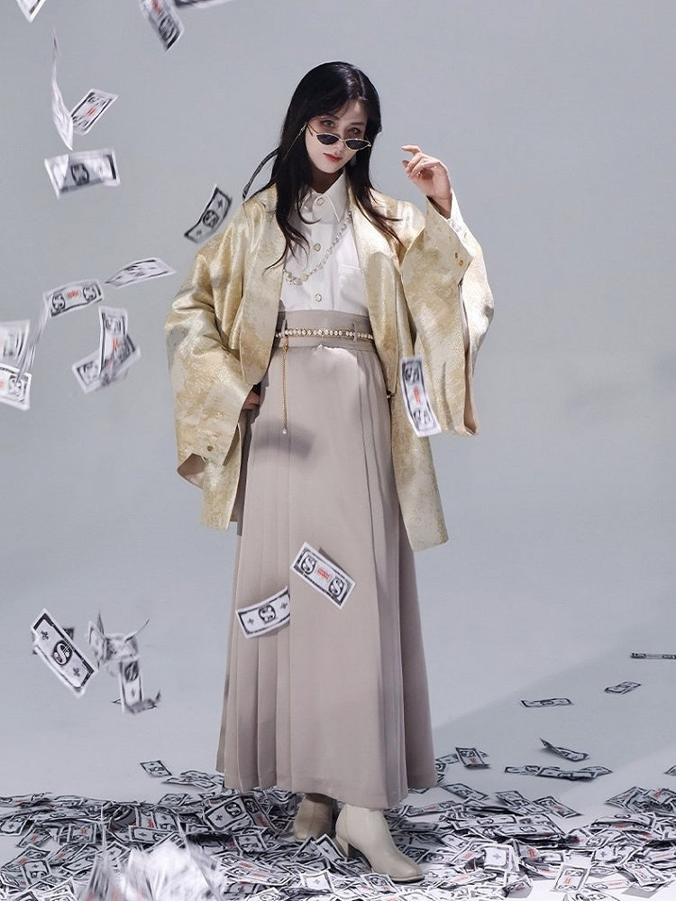Sleeve Snap with Rear Style Chinese Unisex Practical Slit Closures Blazer Golden