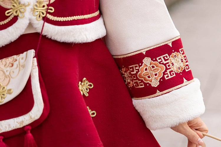 Red New Year Knot Buttons Banded Collar Lolita Dress Vest Tassels Crossbody Bag Full Set