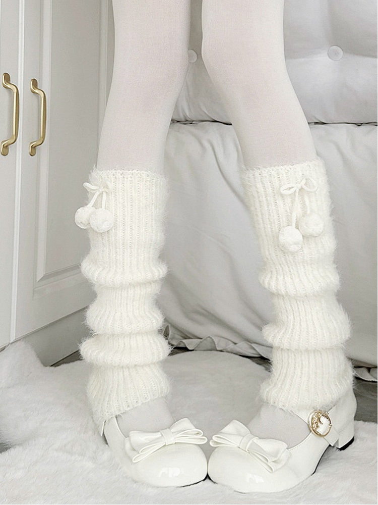 White Bows Style) Fluffy Knit (Cozy Pom-Pom Sweet with Warmers Leg