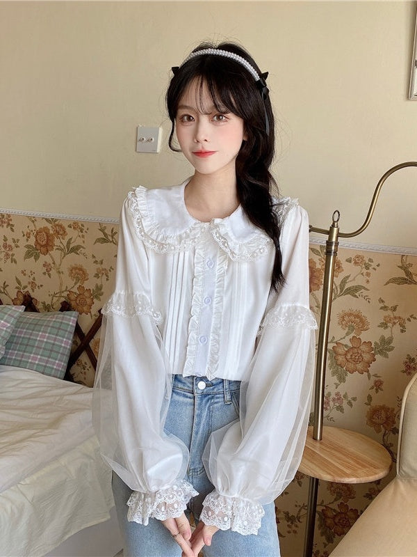 Puff Lace Trim Sleeve Long White Blouse Lolita