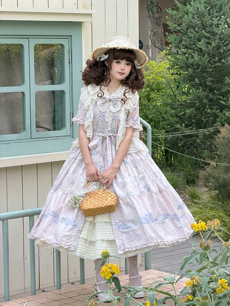 Lavender Floral Lamb Print Casual Dress - Miss Point