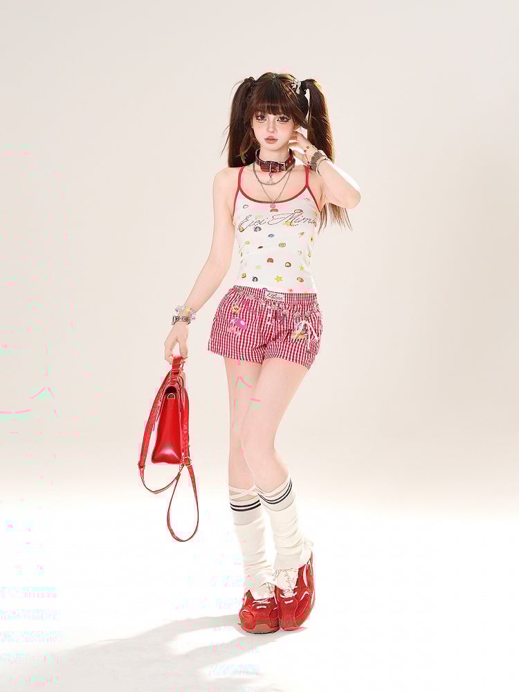 レッドチェック柄ストレートレッグカジュアルショートパンツ