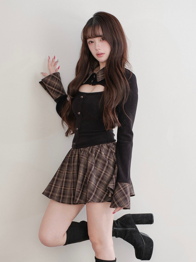 Dress Paneled Jirai Kei Knit Cutout Design Plaid Black