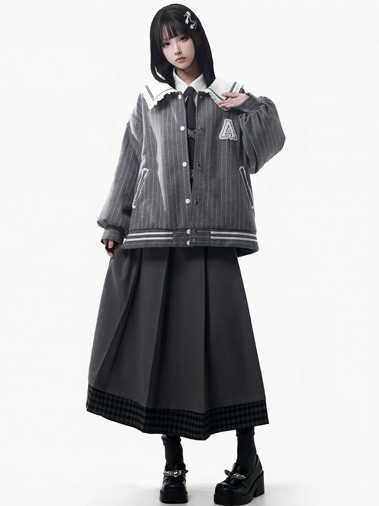 Hem Skirt Set - Belt Patchwork Waist Gray Prppy Elastic Plaid Pleated Style