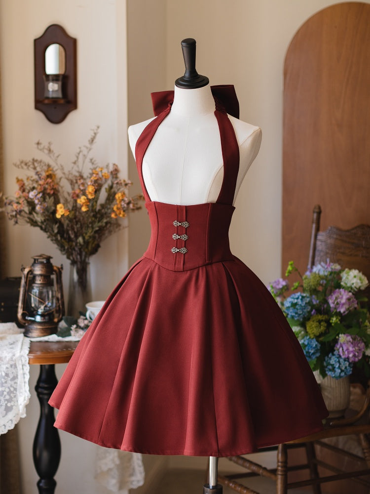 Roter kurzer Herbst-Vintage-Rock mit abnehmbarem Neckholder-Träger und hoher Taille