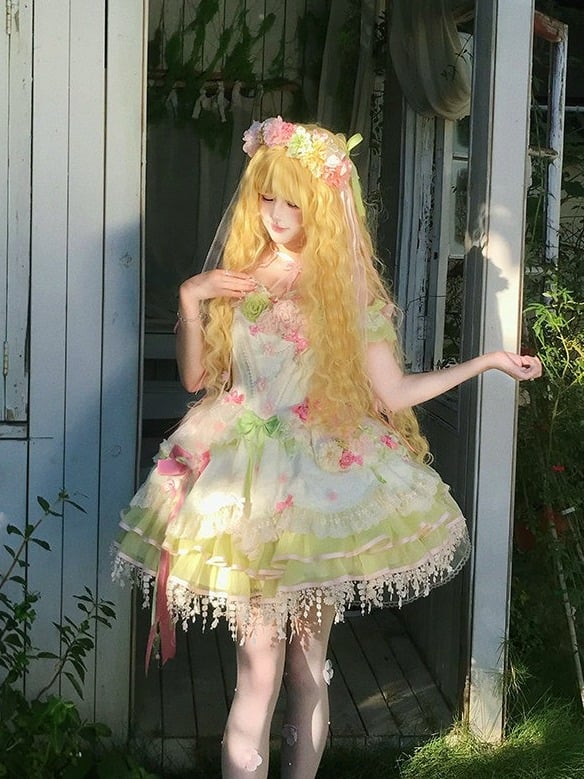 Sweet Lolita JSK Set with Floral Crown and Detachable Sleeves - Sweetheart Macaron Lolita